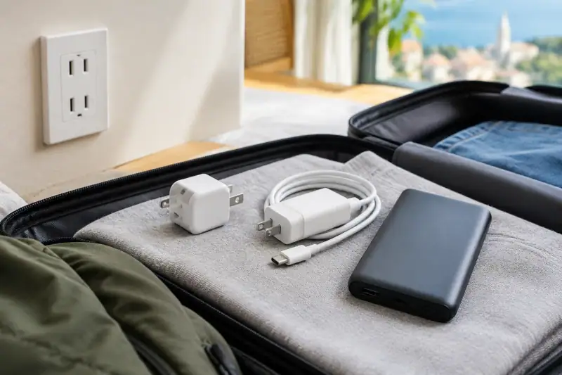 Açık bavul yanında Tip A priz, fiş adaptörü, telefon şarj cihazı ve powerbank