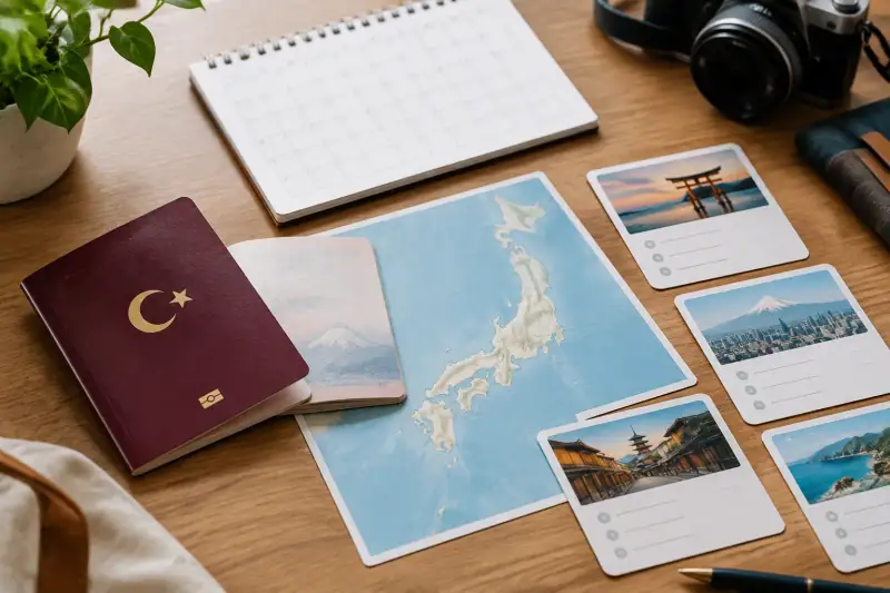 Japonya haritası, pasaport ve takvimle seyahat planı hazırlığı