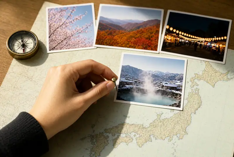 Japonya haritası üzerinde mevsimlere ait gezi fotoğrafları ve rota işaretçisi
