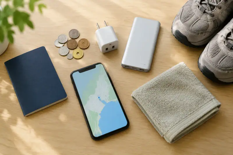 Japonya seyahati için pasaport, Japon yeni, priz adaptörü, powerbank, çevrimdışı harita ve günlük eşyalar