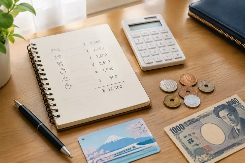 Japonya seyahati için yen cinsinden harcamaların defter ve hesap makinesiyle planlanması