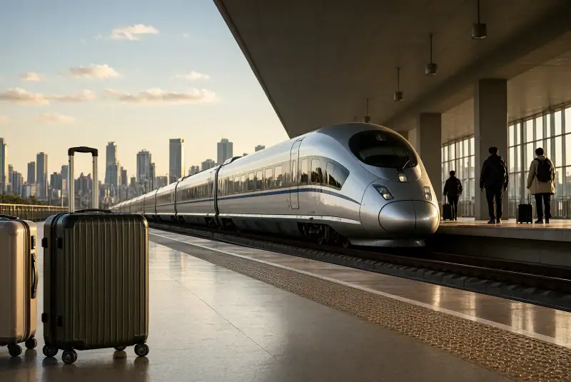 Tokyo’da havalimanı ekspres treninin şehir merkezine doğru ilerlediği modern bir istasyon