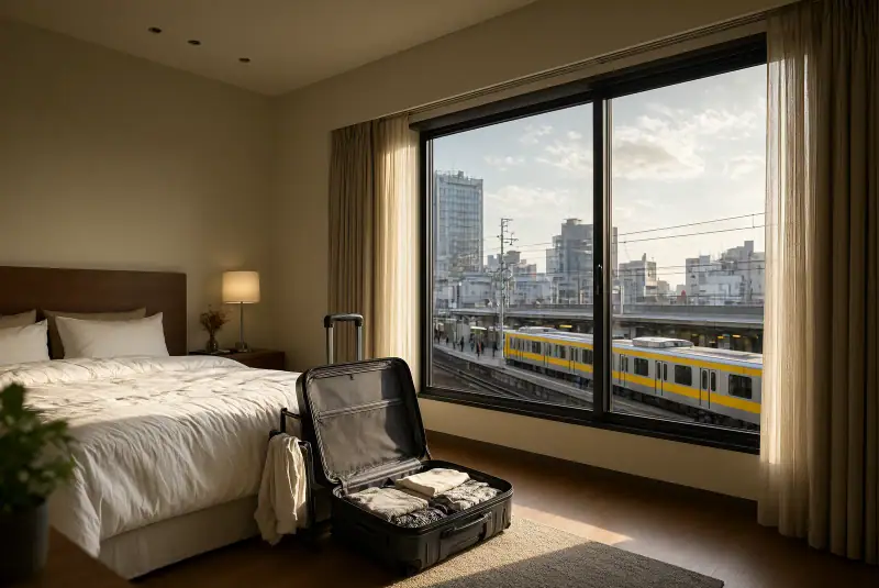 Tokyo'da tren istasyonuna bakan penceresi olan, düzenli ve kompakt bir otel odası