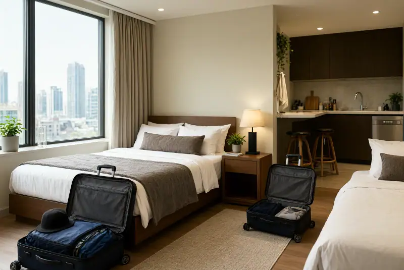 Tokyo'daki apart otel odasında yatakların yanında açılmış valizler ve küçük bir mutfak görülüyor.